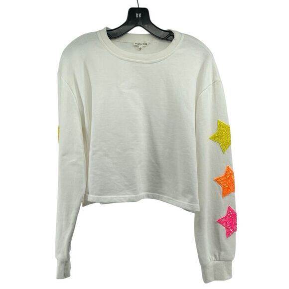 Mainstrip White Cropped Sweatshirt Sequin Star Patches Sleeves Size Large - Picture 2 of 8